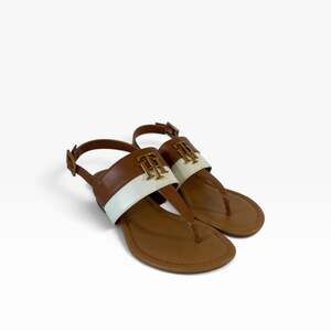 Tommy Hilfiger Leather Thong Sandals Buckle Logo Womens 7.5 Brown White